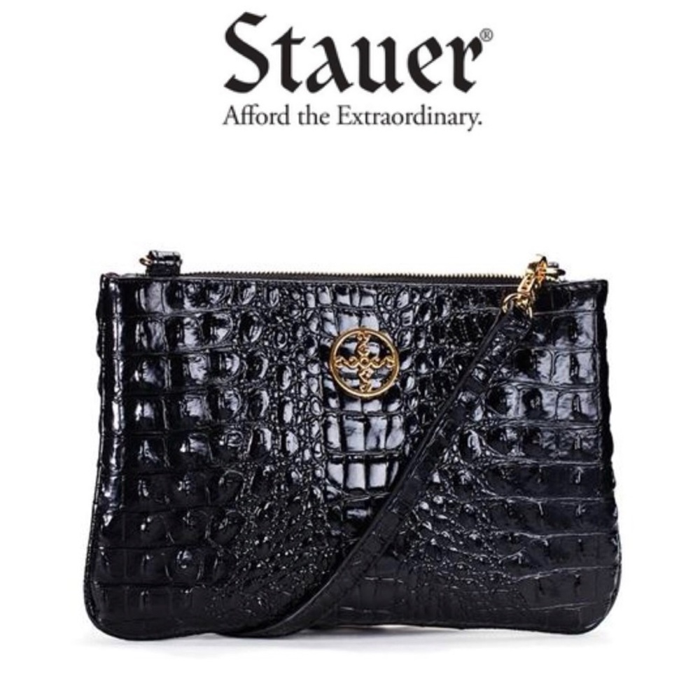 Stauer Sloane Crocodile-Embossed Clutch Black Wristlet Crossbody NWOT